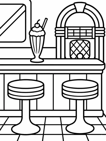 The diner page before coloring, bold black outlines